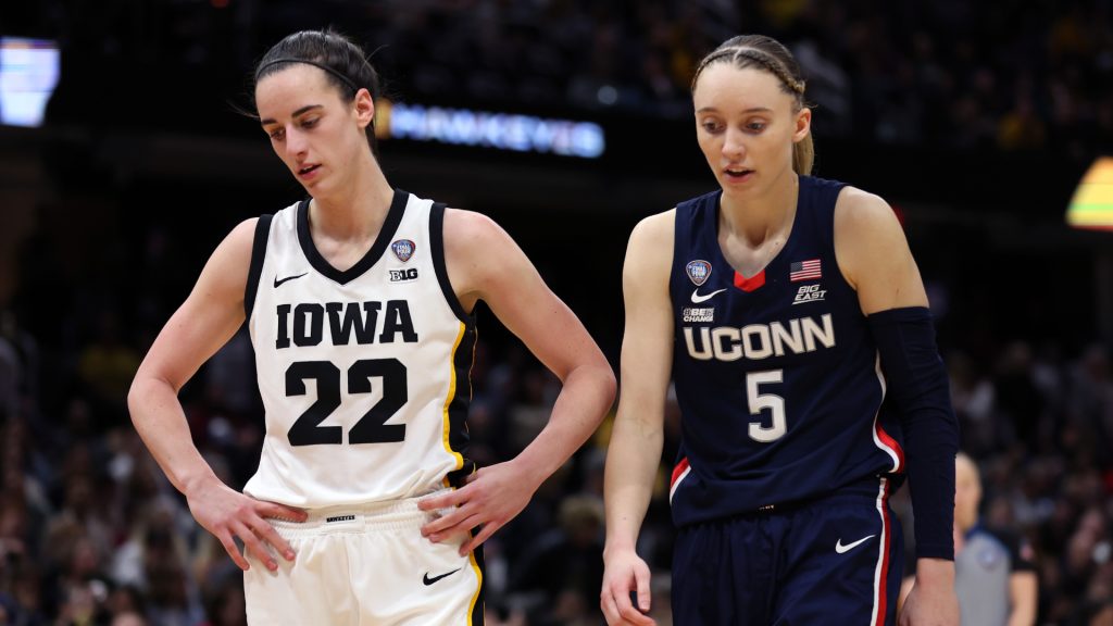 Caitlin Clark (left, Iowa) with Paige Bueckers (right, UConn)
