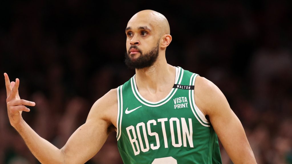 Derrick White #9 of the Boston Celtics celebrates after a three point basket against the Dallas Mavericks during the fourth quarter of Game Five of the 2024 NBA Finals at TD Garden on June 17, 2024 in Boston, Massachusetts.