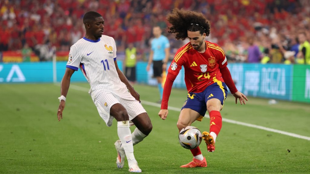 Marc Cucurella of Spain is challenged by Ousmane Dembele of France during the UEFA EURO 2024 Semi-Final. Photo by Alex Grimm/Getty Images