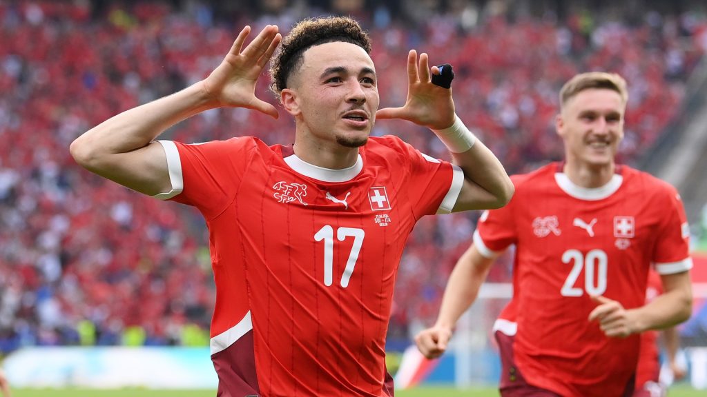 uben Vargas of Switzerland celebrates scoring his team’s second goal during the UEFA EURO 2024 round of 16 match between Switzerland and Italy. Photo by Stu Forster/Getty Images