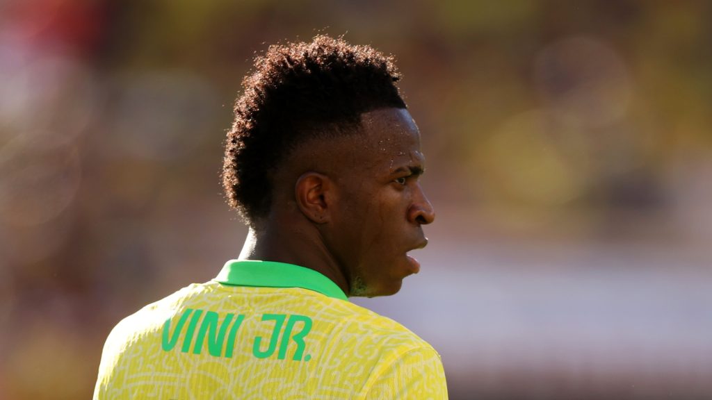 Vinicius Junior of Brazil looks on during the CONMEBOL Copa America 2024 Group D match between Brazil and Colombia. Photo by Ezra Shaw/Getty Images