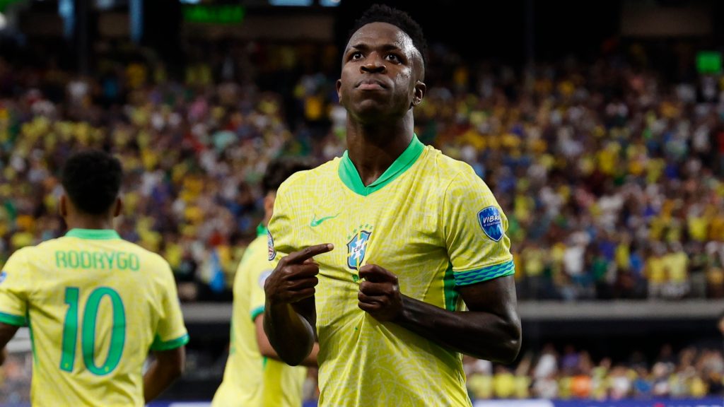 Vinicius Junior of Brazil celebrates after scoring the team’s first goal during the CONMEBOL Copa America 2024 Group D match. Photo by Kevork Djansezian/Getty Images