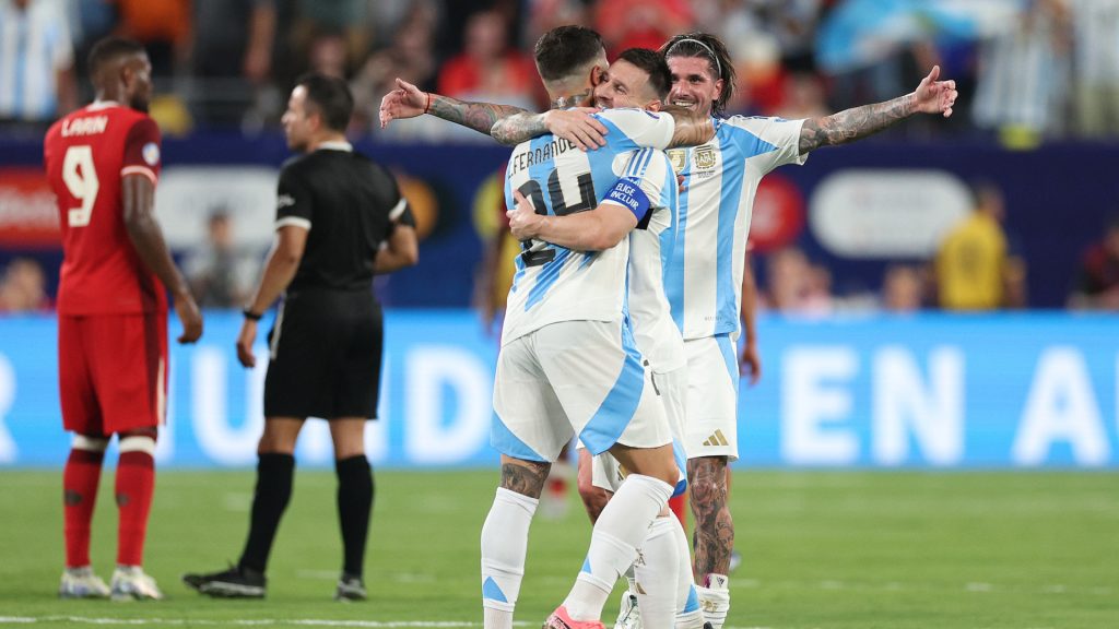 Lionel Messi of Argentina celebrates after scoring the team’s second goal with teammates during the CONMEBOL Copa America 2024 semifinal match between Canada and Argentina. Elsa/Getty Images